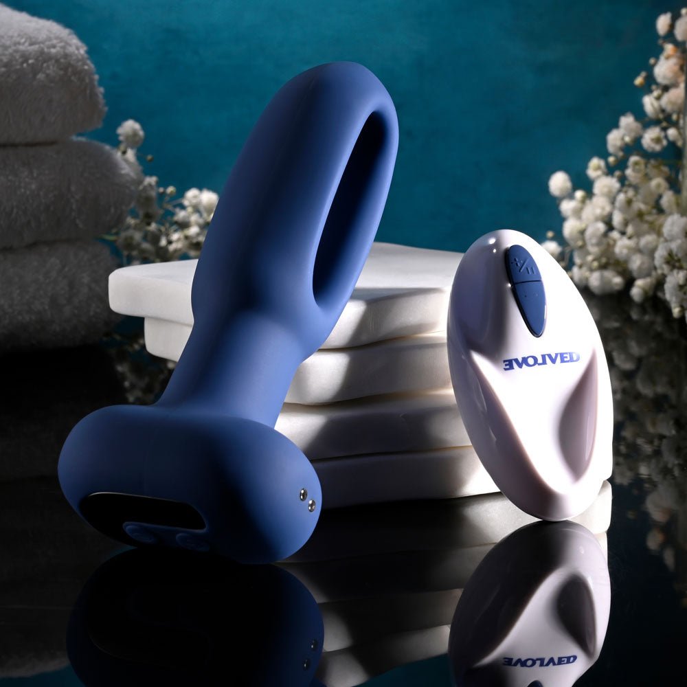 Evolved THE FLAPPER - Blue 14 cm USB Rechargeable Vibrating and Flapping Butt Plug with Remote - ANAL TOYS - Mr and Mrs D's