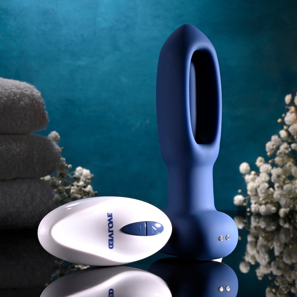 Evolved THE FLAPPER - Blue 14 cm USB Rechargeable Vibrating and Flapping Butt Plug with Remote - ANAL TOYS - Mr and Mrs D's
