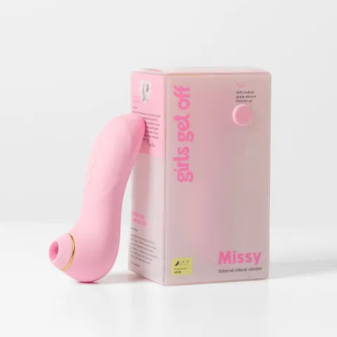 Pink external vibrator with packaging labeled 'Missy' on a white background