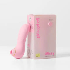 Pink external vibrator with packaging labeled 'Missy' on a white background