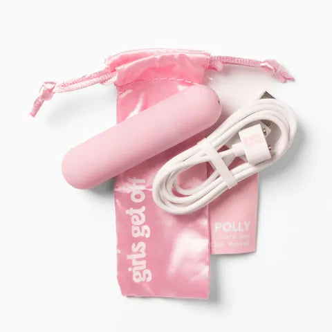 Pink electronic device with charging cable on a pink pouch labeled 'girls get off' on a white background