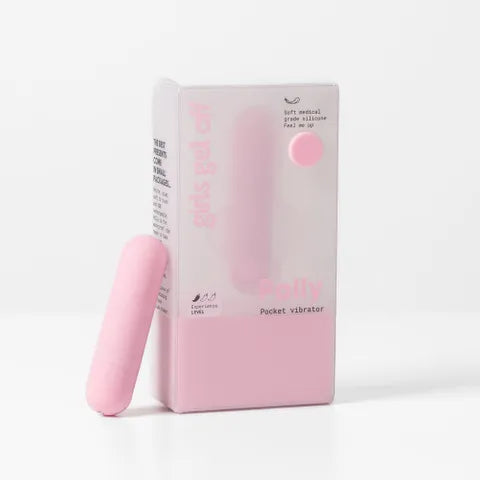 Pink pocket vibrator with packaging on a white background