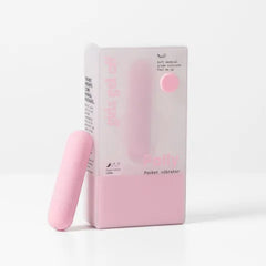 Pink pocket vibrator with packaging on a white background