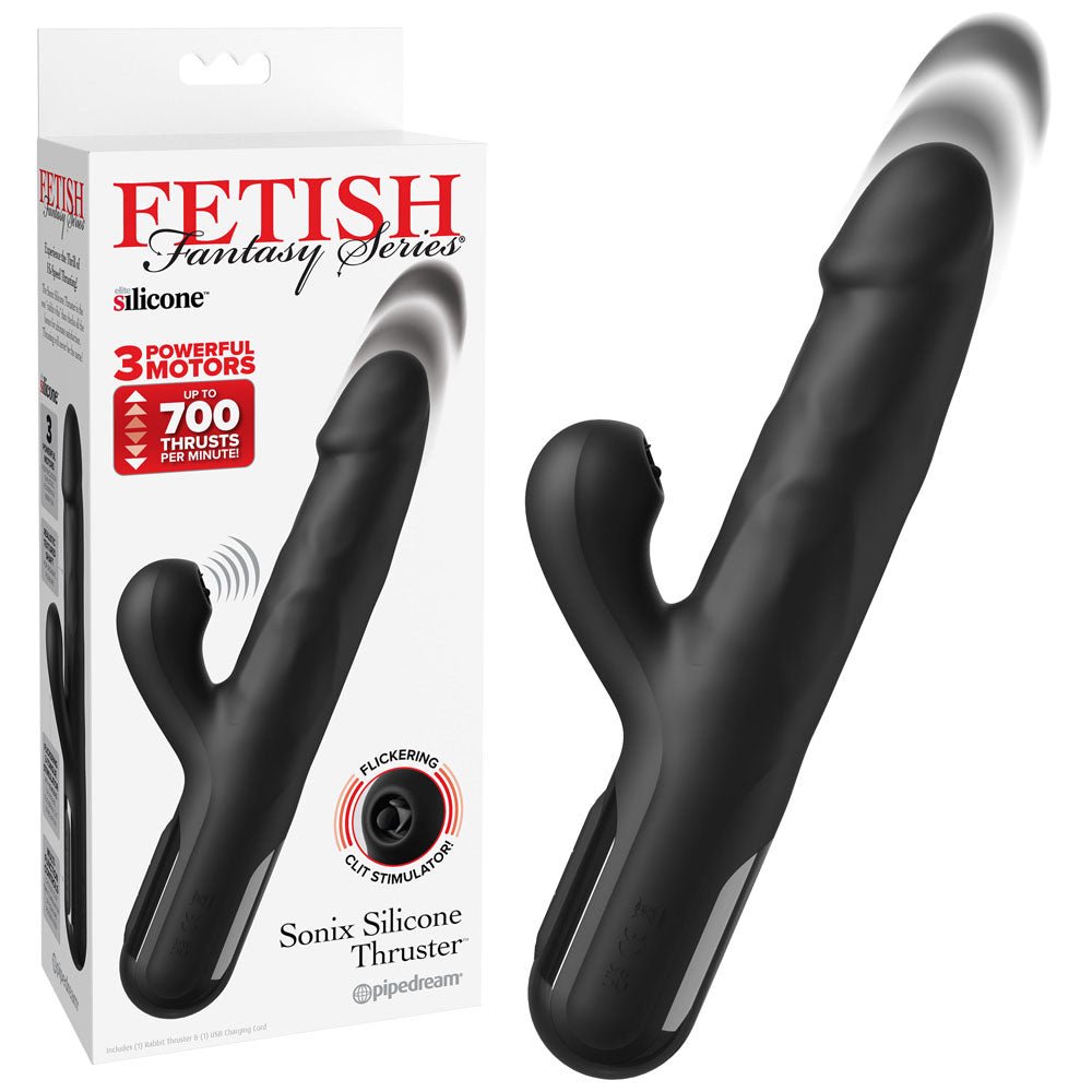 FFS Sonix Silicone Thrusting Vibrator with Flicking Clit Stim - Black 22 cm USB Rechargeable - Mr and Mrs D's