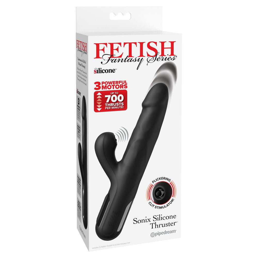 FFS Sonix Silicone Thrusting Vibrator with Flicking Clit Stim - Black 22 cm USB Rechargeable - Mr and Mrs D's