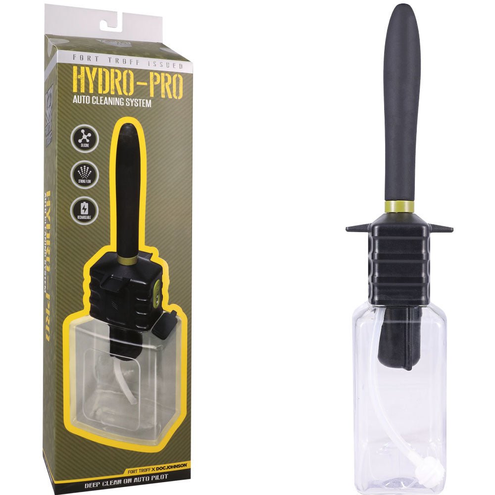 Hydro-Pro auto cleaning system with clear bottle and black handle on a white background