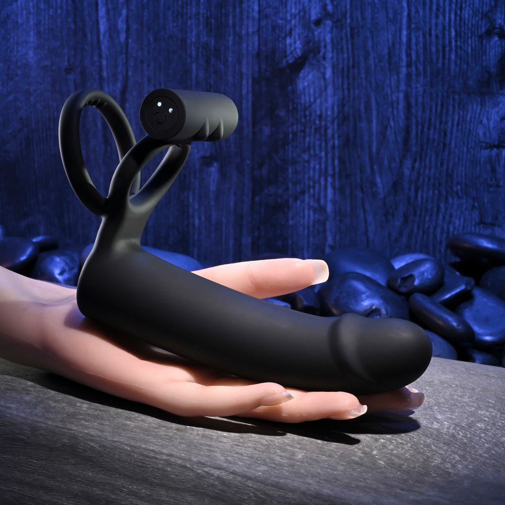 Gender X FULL SWING - Black USB Rechargeable Vibrating Cock Ring with Double Penetrator Dildo - Mr and Mrs D's