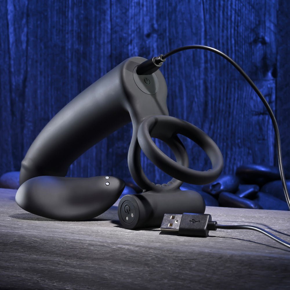Gender X FULL SWING - Black USB Rechargeable Vibrating Cock Ring with Double Penetrator Dildo - Mr and Mrs D's