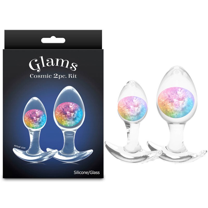Glam's Cosmic 2pc Kit packaging with two clear silicone toys featuring colorful glittery centers.