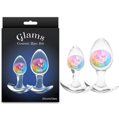 Glam's Cosmic 2pc Kit packaging with two clear silicone toys featuring colorful glittery centers.