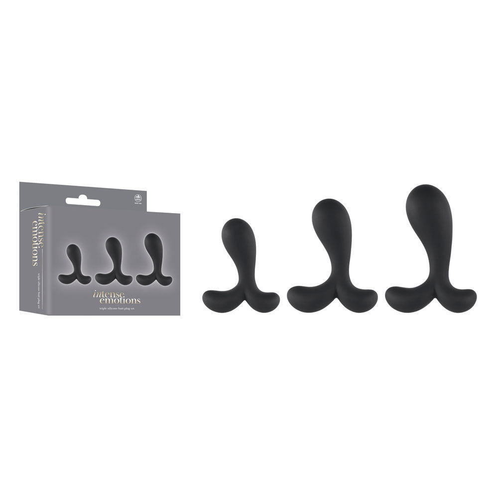 Set of black silicone butt plugs with packaging on a white background