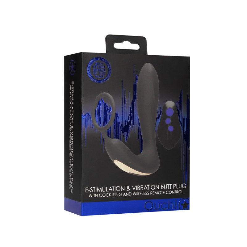OUCH! E - stim & Vibrating Butt Plug Cock Ring - Black USB Rechargeable Vibrating Butt Plug & Cock Ring with e - Stim - Mr and Mrs D's