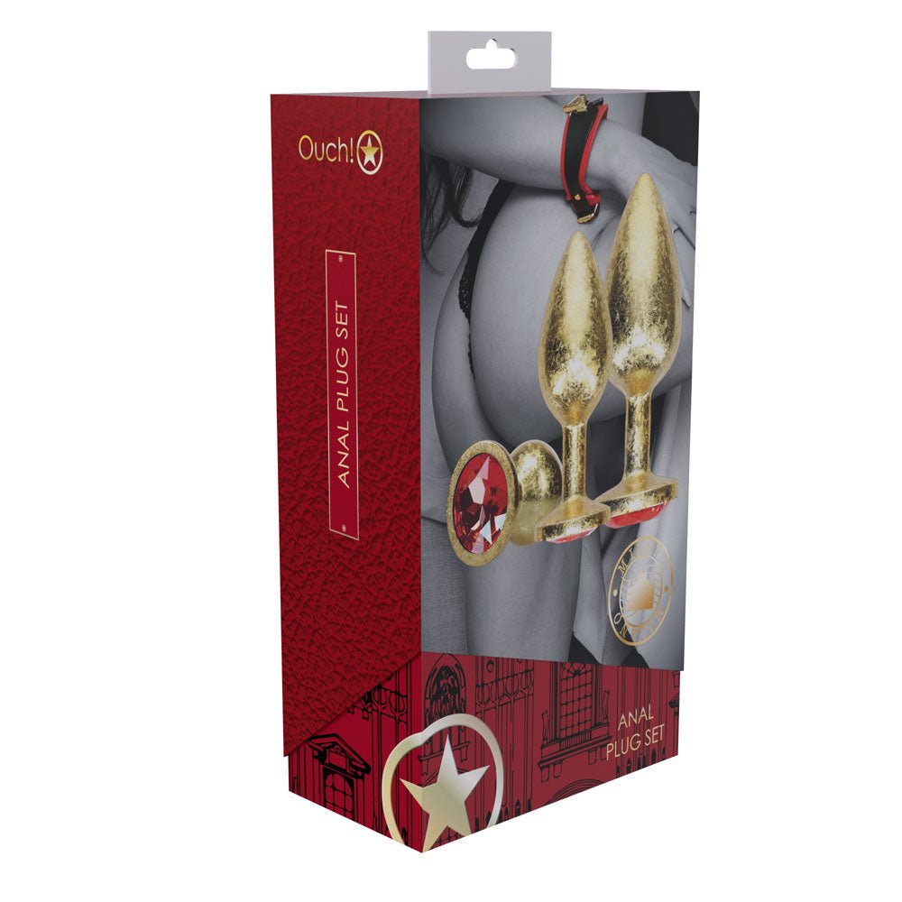 OUCH! Milan Collection - Metal Anal Plug Set - Gold - Gold Butt Plugs with Gem Bases - Set of 3 Sizes - Mr and Mrs D's