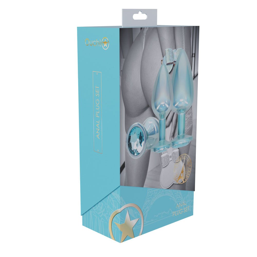 OUCH! Paris Collection - Metal Anal Plug Set - Blue - Metallic Blue Butt Plugs with Gem Bases - Set of 3 Sizes - Mr and Mrs D's