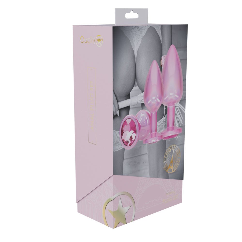 OUCH! Paris Collection - Metal Anal Plug Set - Pink - Metallic Pink Butt Plugs with Gem Bases - Set of 3 Sizes - Mr and Mrs D's