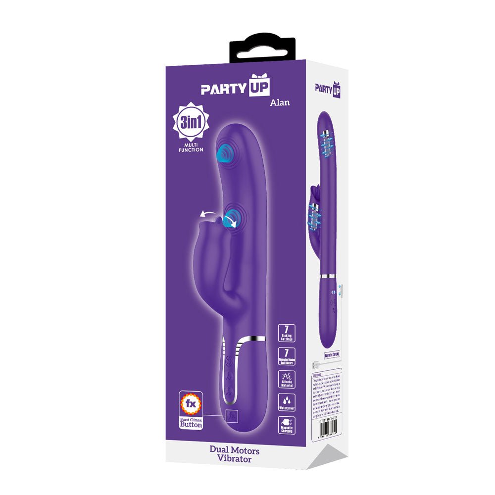 Party Up ALAN Dual Motor Vibrator - Purple - Purple 22.8 cm USB Rechargeable Vibrator with Licking Clit Stimulator and Thumping Shaft - Mr and Mrs D's