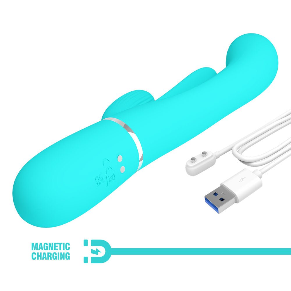 Party Up ANDY Multi Function Vibrator - Teal - Teal 22.2 cm USB Rechargeable Rabbit Vibrator with Flicking and Thumping Tip - Mr and Mrs D's
