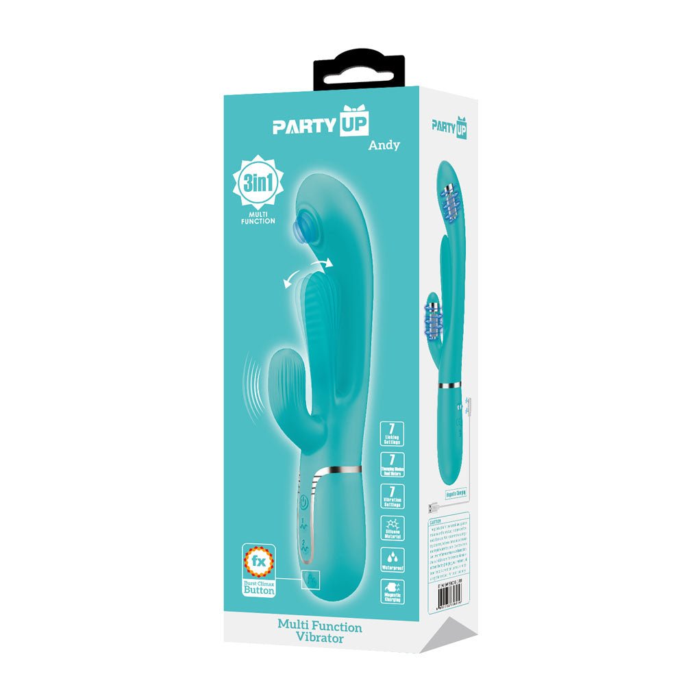Party Up ANDY Multi Function Vibrator - Teal - Teal 22.2 cm USB Rechargeable Rabbit Vibrator with Flicking and Thumping Tip - Mr and Mrs D's