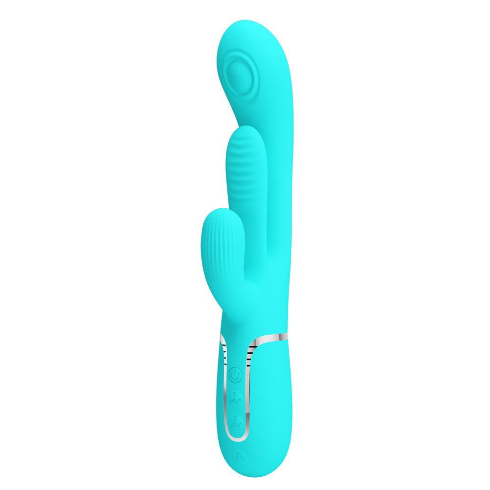 Party Up ANDY Multi Function Vibrator - Teal - Teal 22.2 cm USB Rechargeable Rabbit Vibrator with Flicking and Thumping Tip - Mr and Mrs D's