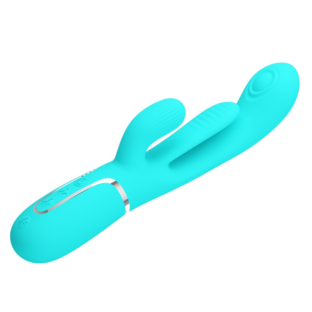 Party Up ANDY Multi Function Vibrator - Teal - Teal 22.2 cm USB Rechargeable Rabbit Vibrator with Flicking and Thumping Tip - Mr and Mrs D's