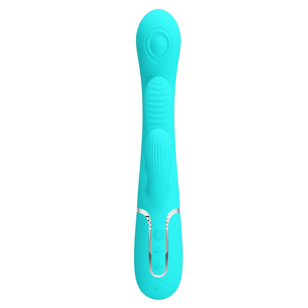 Party Up ANDY Multi Function Vibrator - Teal - Teal 22.2 cm USB Rechargeable Rabbit Vibrator with Flicking and Thumping Tip - Mr and Mrs D's