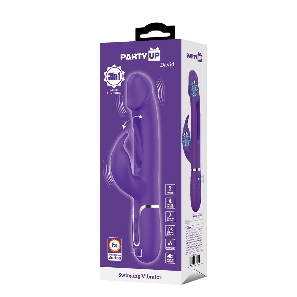 Party Up DAVID Swinging Vibe - Purple - Purple 23.2 cm USB Rechargeable Rabbit Vibrator with Flicking Arm - Mr and Mrs D's