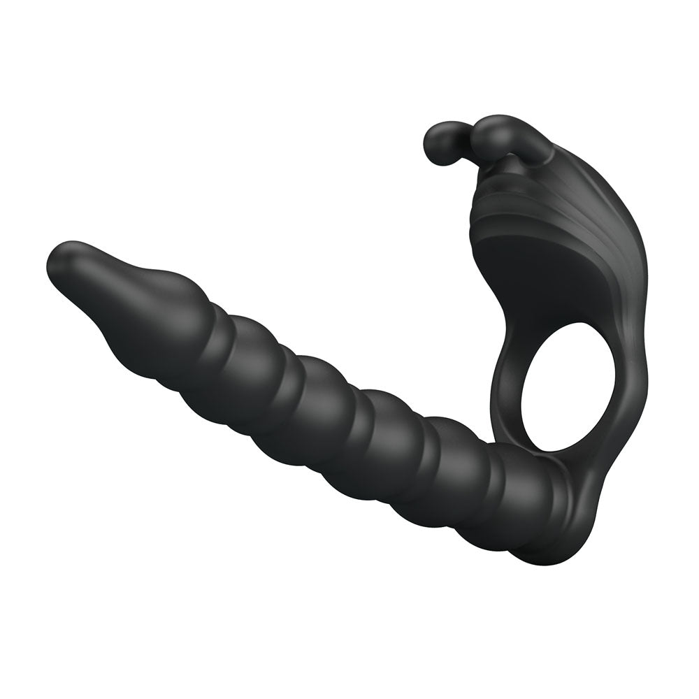 Party Up MARCUS Ring & Anal Plug - Black USB Rechargeable Vibrating Cock Ring with Double Penetrator - Mr and Mrs D's
