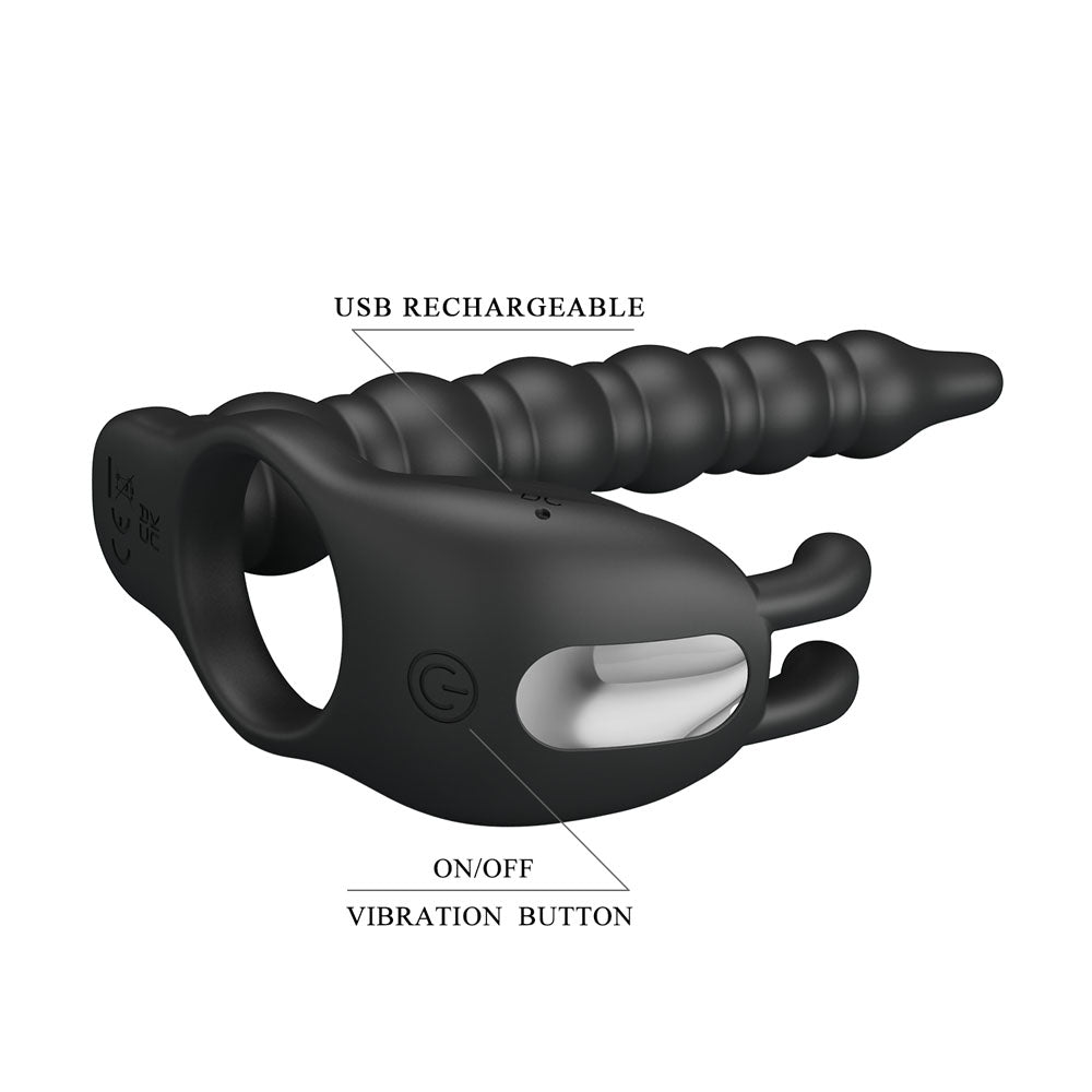 Party Up MARCUS Ring & Anal Plug - Black USB Rechargeable Vibrating Cock Ring with Double Penetrator - Mr and Mrs D's