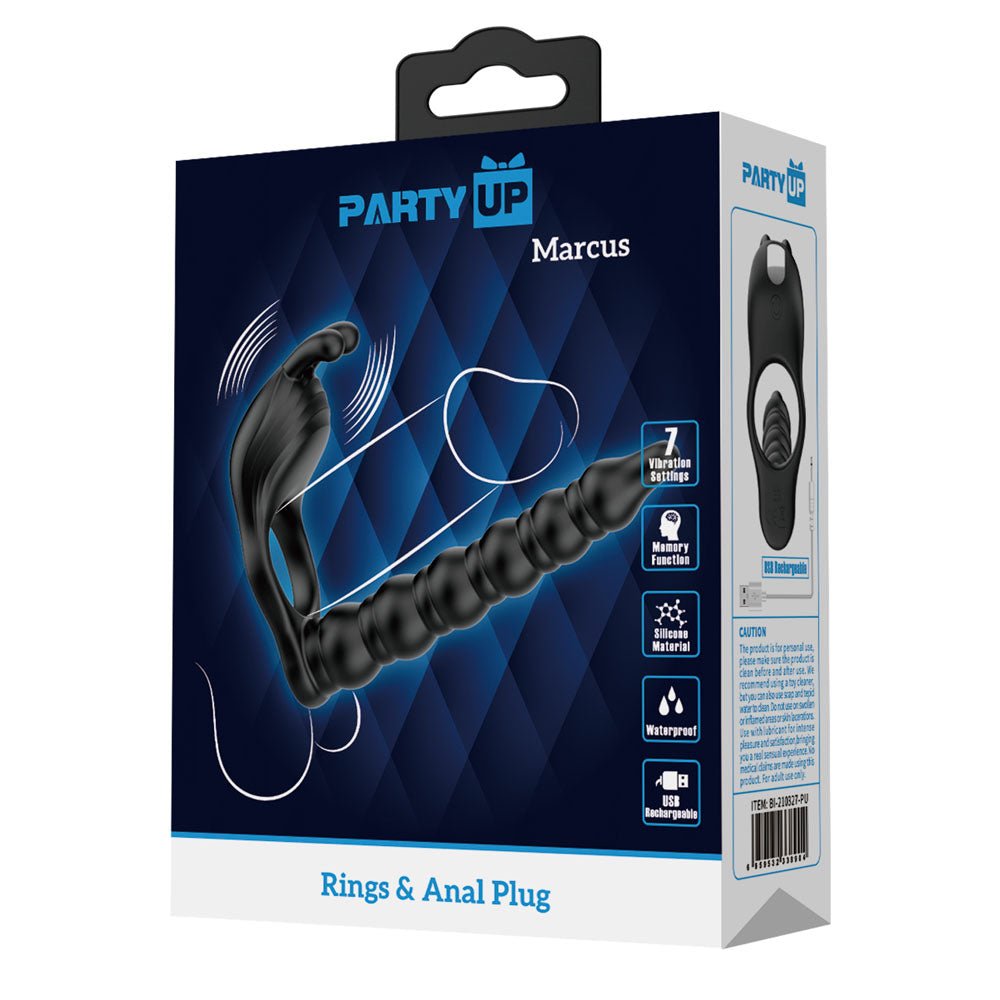 Party Up MARCUS Ring & Anal Plug - Black USB Rechargeable Vibrating Cock Ring with Double Penetrator - Mr and Mrs D's