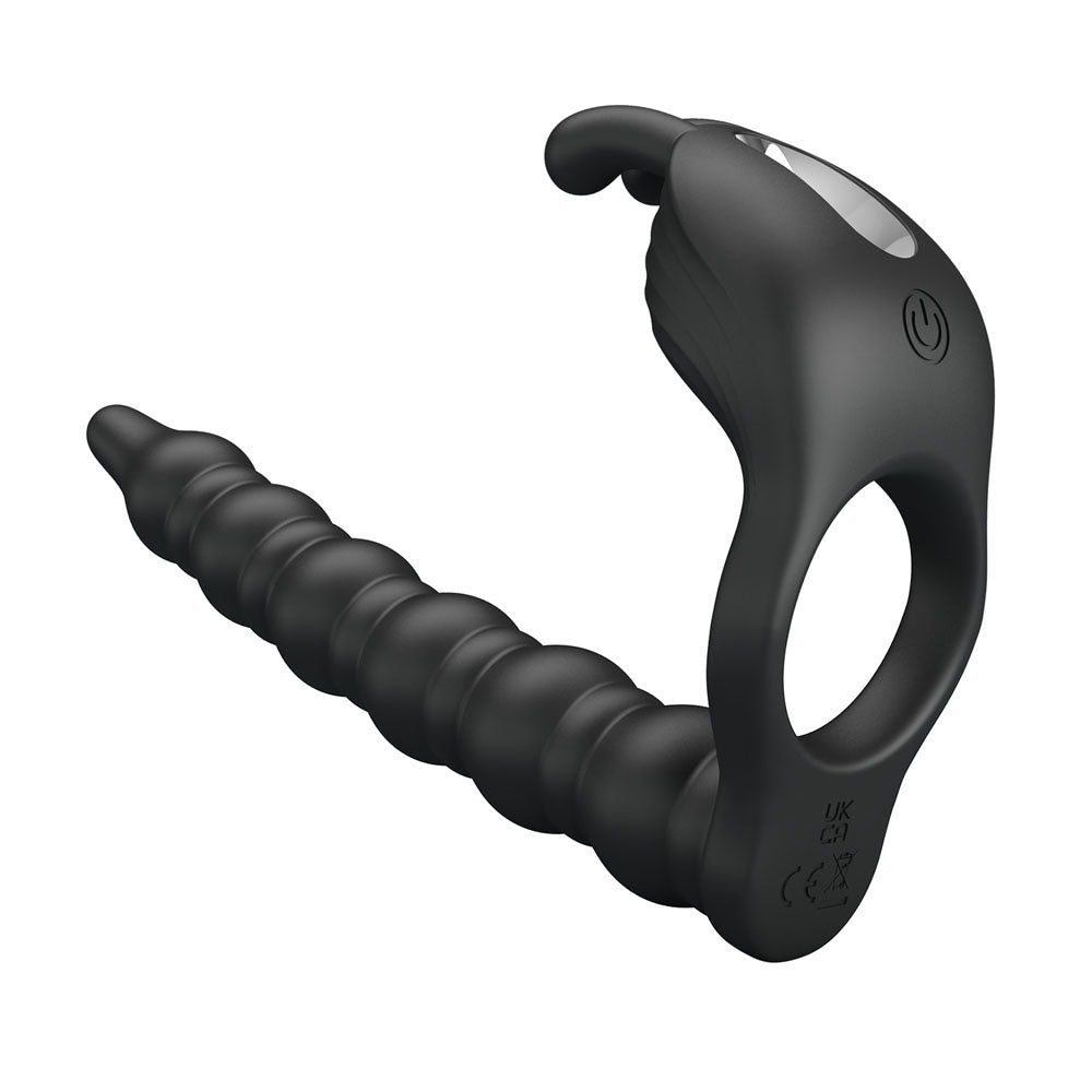 Party Up MARCUS Ring & Anal Plug - Black USB Rechargeable Vibrating Cock Ring with Double Penetrator - Mr and Mrs D's