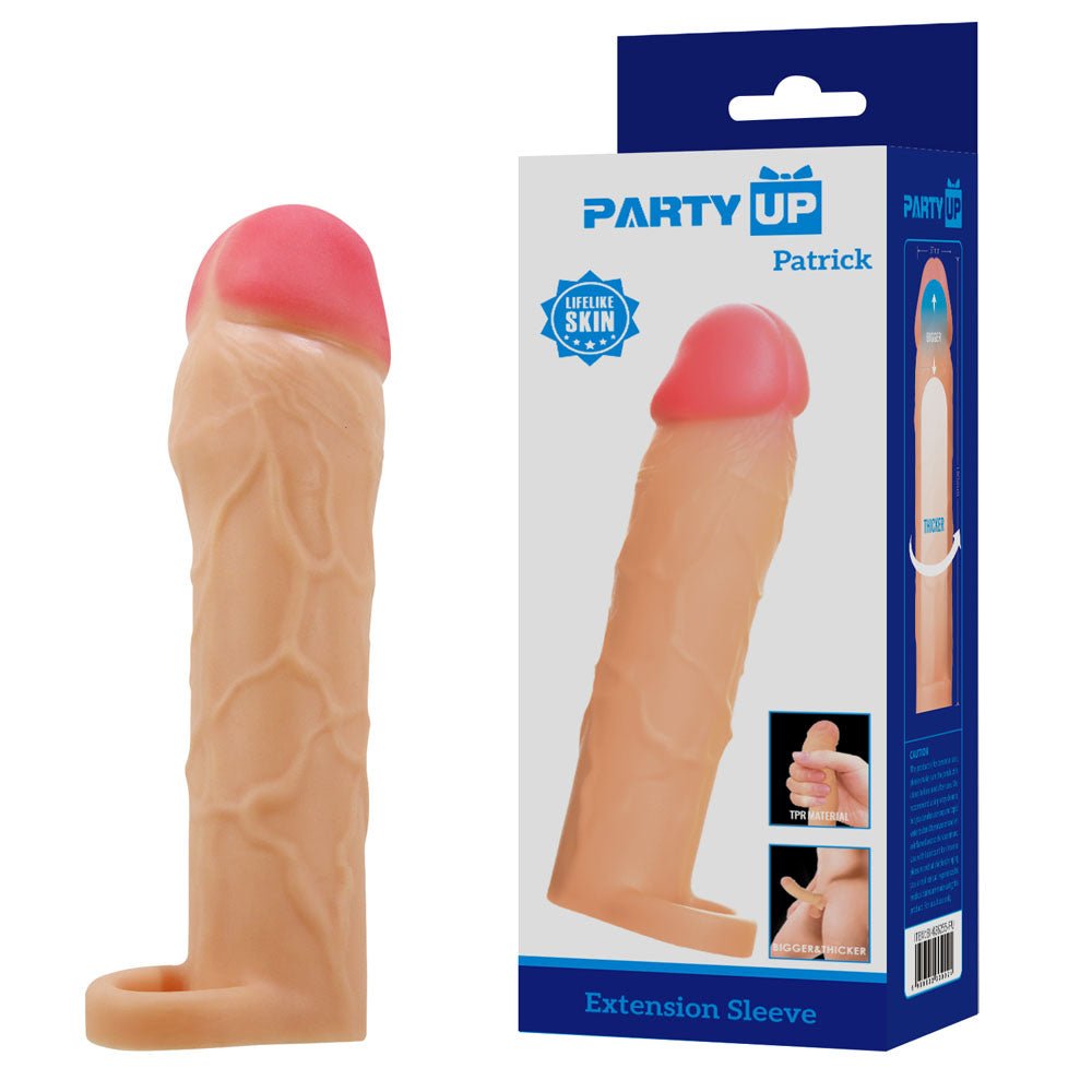 Party Up PATRICK 2 Inch Extender Sleeve - Flesh 2 Inch Penis Extender Sleeve with Ball Strap - Mr and Mrs D's