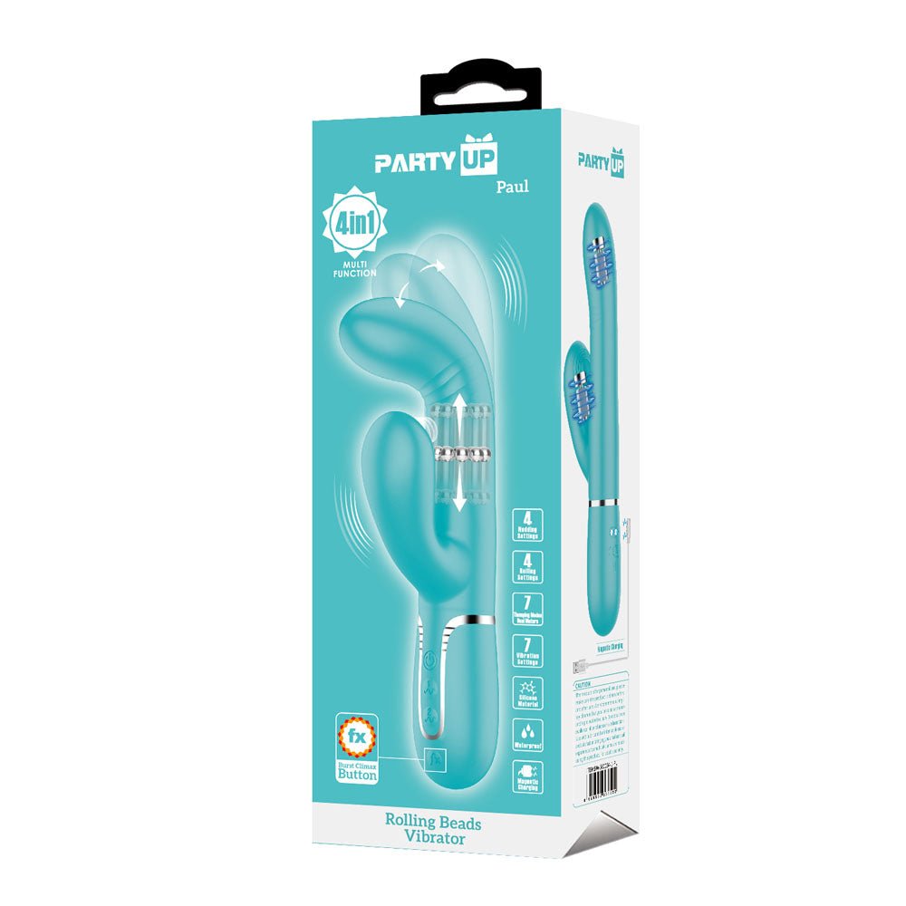 Party Up PAUL Rolling Beads Vibrator - Teal - Teal 22.6 cm USB Rechargeable Thrusting Rabbit Vibrator - Mr and Mrs D's