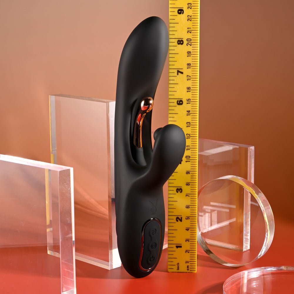 Playboy Pleasure AUREUS - Black 22.7 cm USB Rechargeable Rabbit Vibrator with Internal Flicker - Mr and Mrs D's
