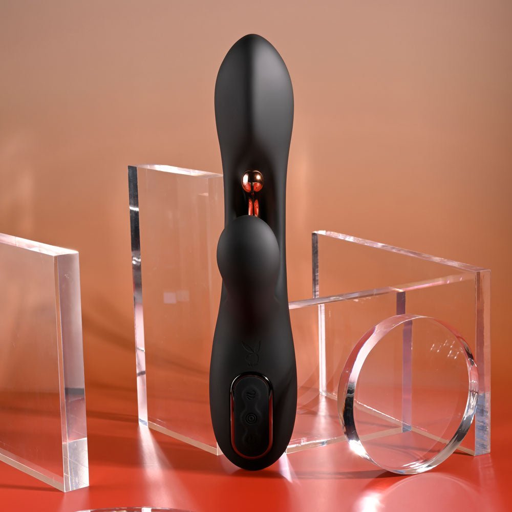 Playboy Pleasure AUREUS - Black 22.7 cm USB Rechargeable Rabbit Vibrator with Internal Flicker - Mr and Mrs D's