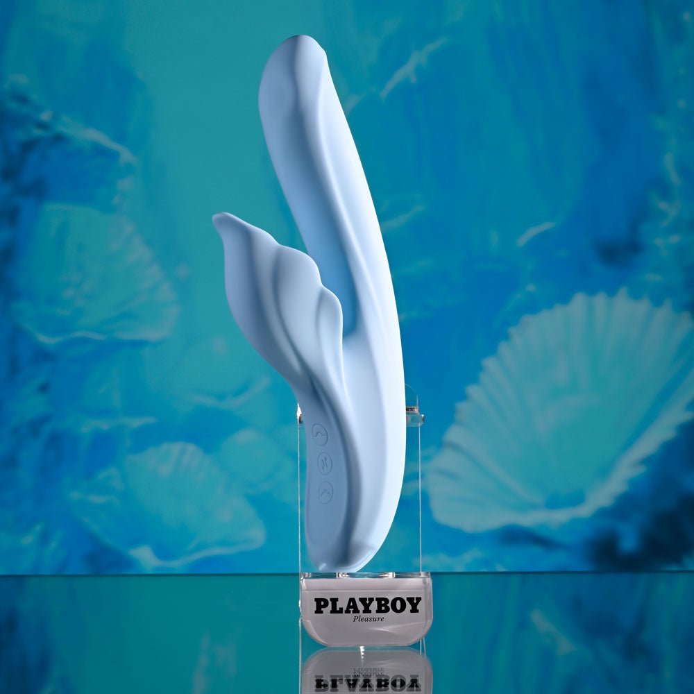 Playboy Pleasure IN BLOOM Thrusting Tapping & Heating Dual Vibrator - Blue 23.5 cm USB Rechargeable - Mr and Mrs D's