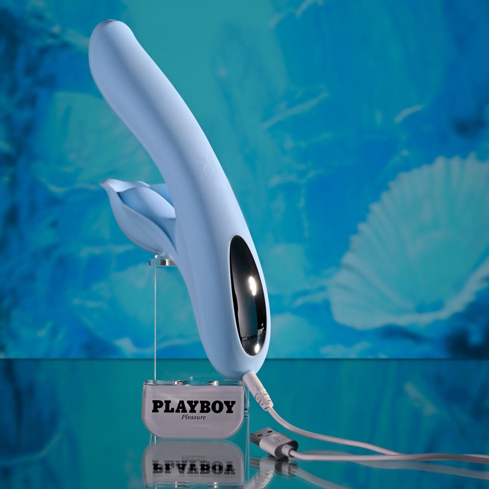 Playboy Pleasure IN BLOOM Thrusting Tapping & Heating Dual Vibrator - Blue 23.5 cm USB Rechargeable - Mr and Mrs D's