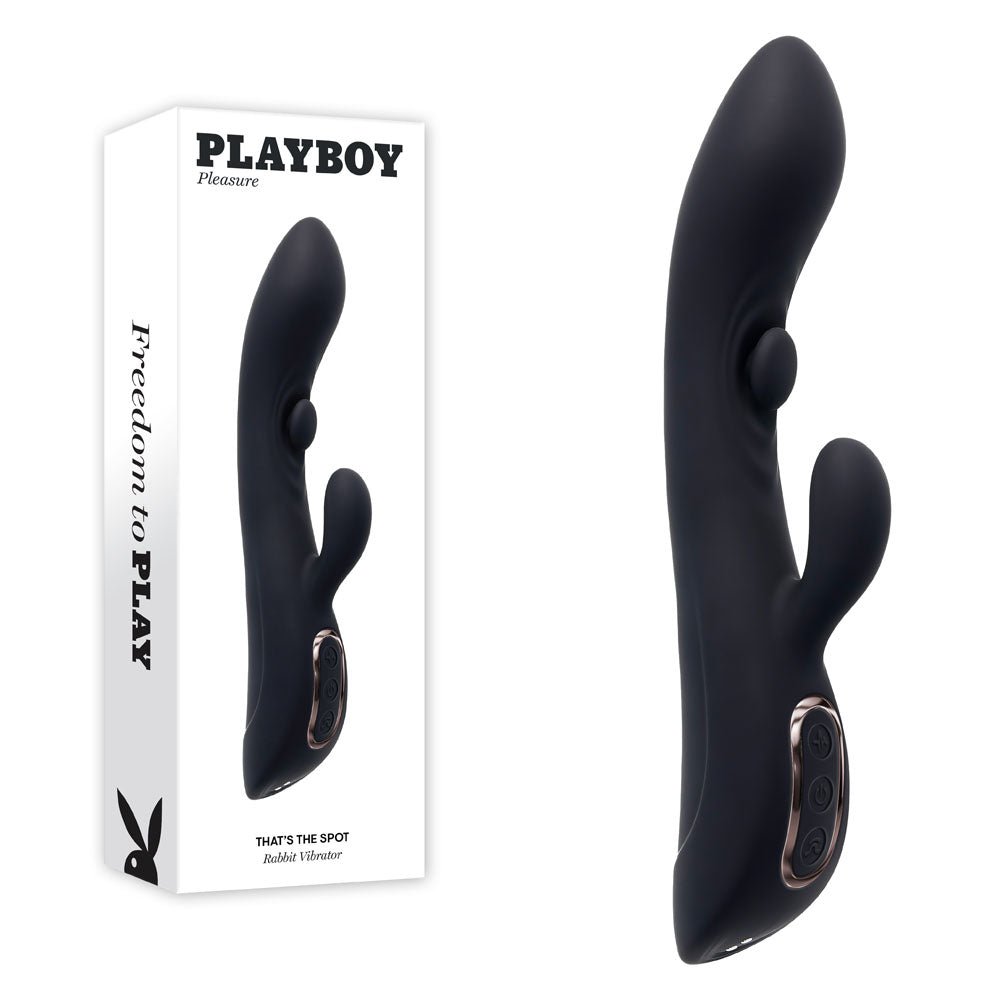 Playboy Pleasure THATS THE SPOT - Black 23.3 cm USB Rechargeable Rabbit Vibrator with G - Spot Tapper - Mr and Mrs D's