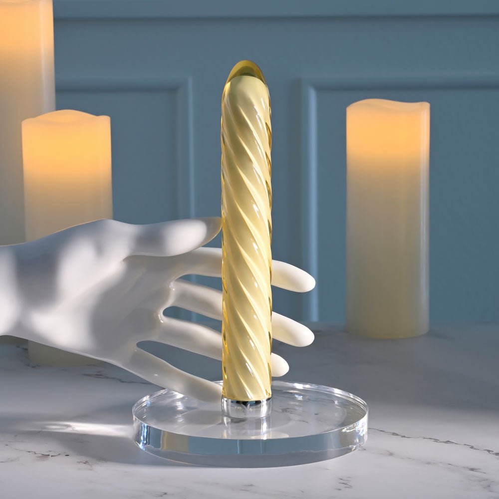 Playboy Pleasure TWIST OF FATE - Yellow Glass 17.5 cm USB Rechargeable Vibrator - VIBRATORS - Mr and Mrs D's