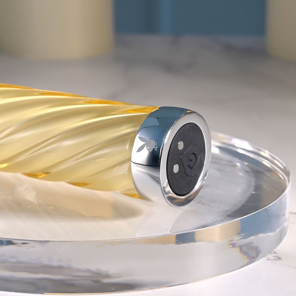 Playboy Pleasure TWIST OF FATE - Yellow Glass 17.5 cm USB Rechargeable Vibrator - VIBRATORS - Mr and Mrs D's