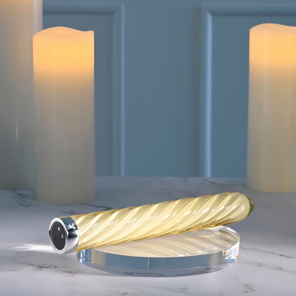 Playboy Pleasure TWIST OF FATE - Yellow Glass 17.5 cm USB Rechargeable Vibrator - VIBRATORS - Mr and Mrs D's