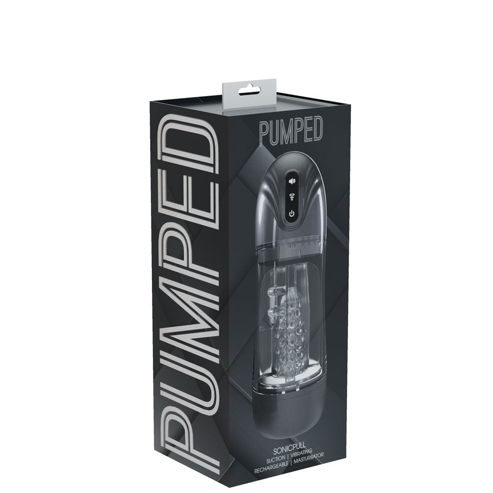 PUMPED SonicPull - Sucking And Vibrating Auto Masturbator Gunmetal Grey/Clear USB Rechargeable - Mr and Mrs D's
