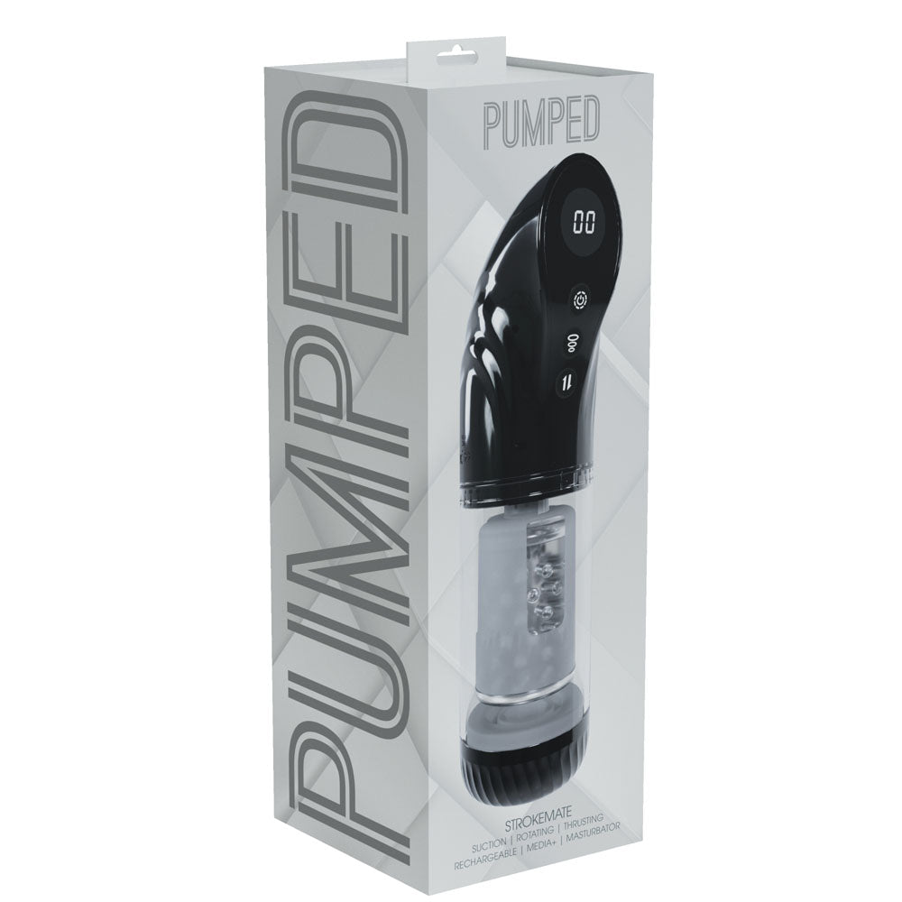 PUMPED Strokemate - Sucking Rotating and Thrusting Auto Masturbator Black/Clear USB Rechargeable - Mr and Mrs D's