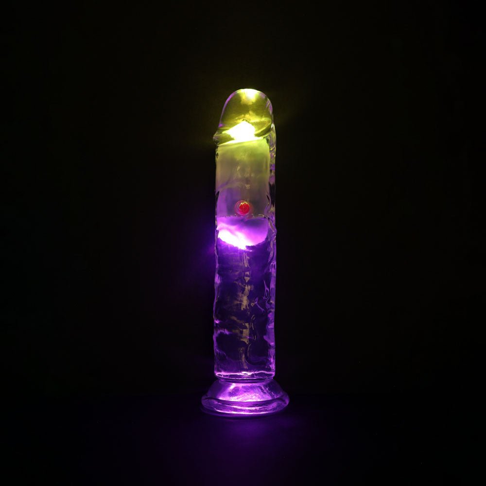 REALROCK 7'' No Balls Wireless Rechargeable LED Vibrating Dong - Clear with LED 20 cm USB Rechargeable Vibrating Dong with Remote - Mr and Mrs D's
