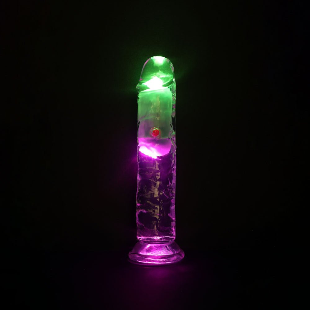 REALROCK 7'' No Balls Wireless Rechargeable LED Vibrating Dong - Clear with LED 20 cm USB Rechargeable Vibrating Dong with Remote - Mr and Mrs D's