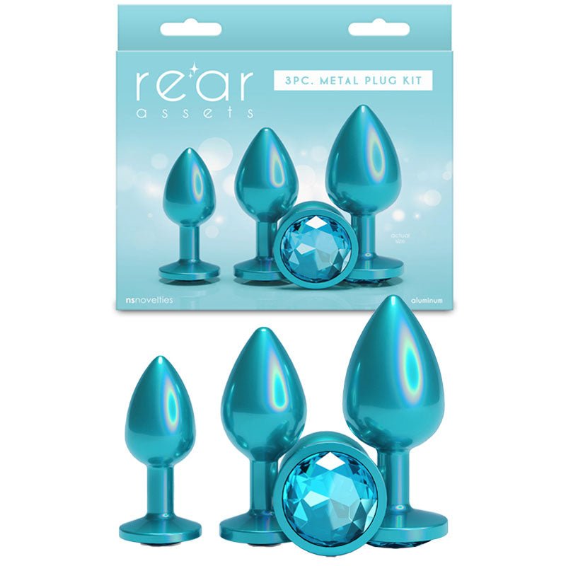Turquoise metal plug set with packaging labeled 'retar assets' on a white background