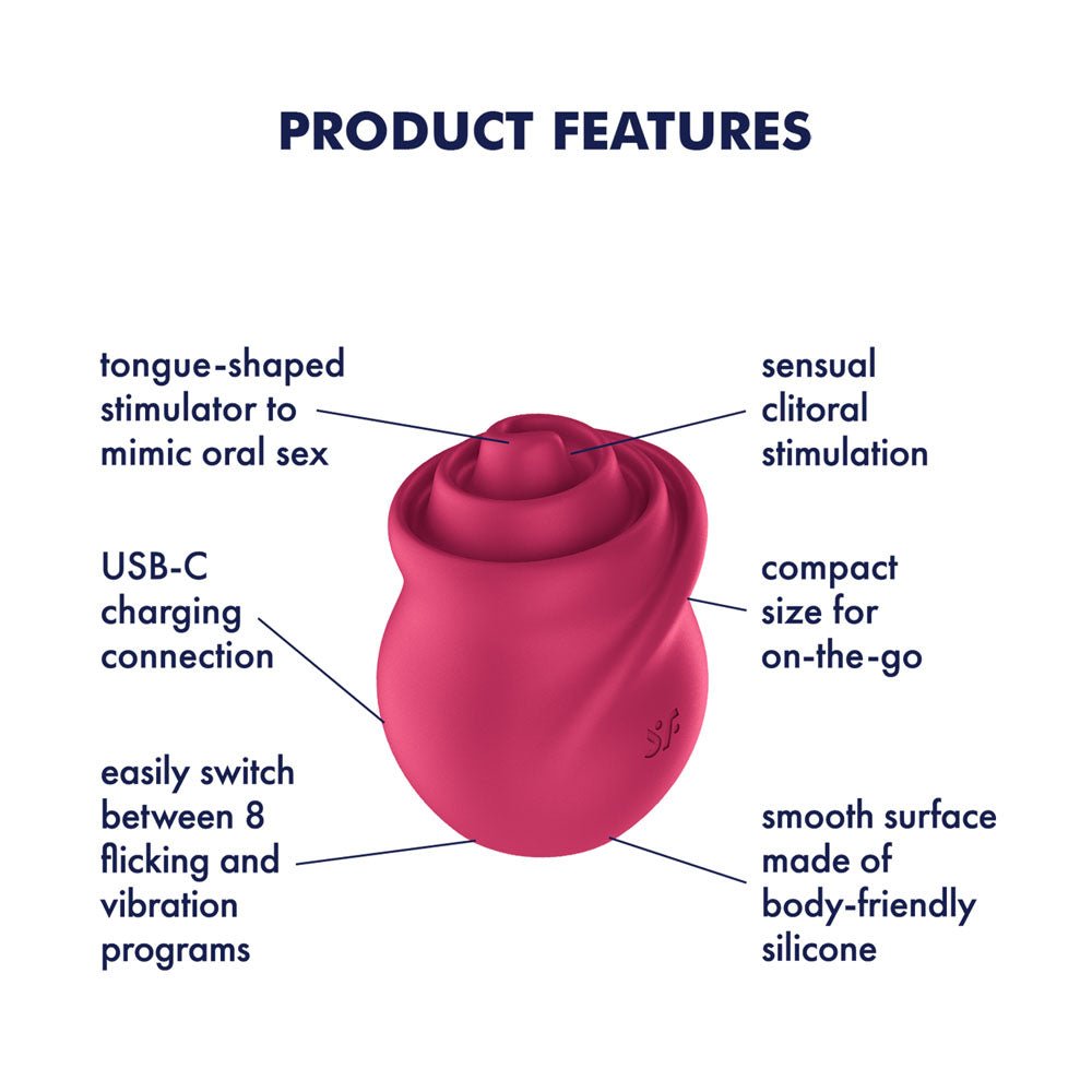 Red product with labeled features on a white background