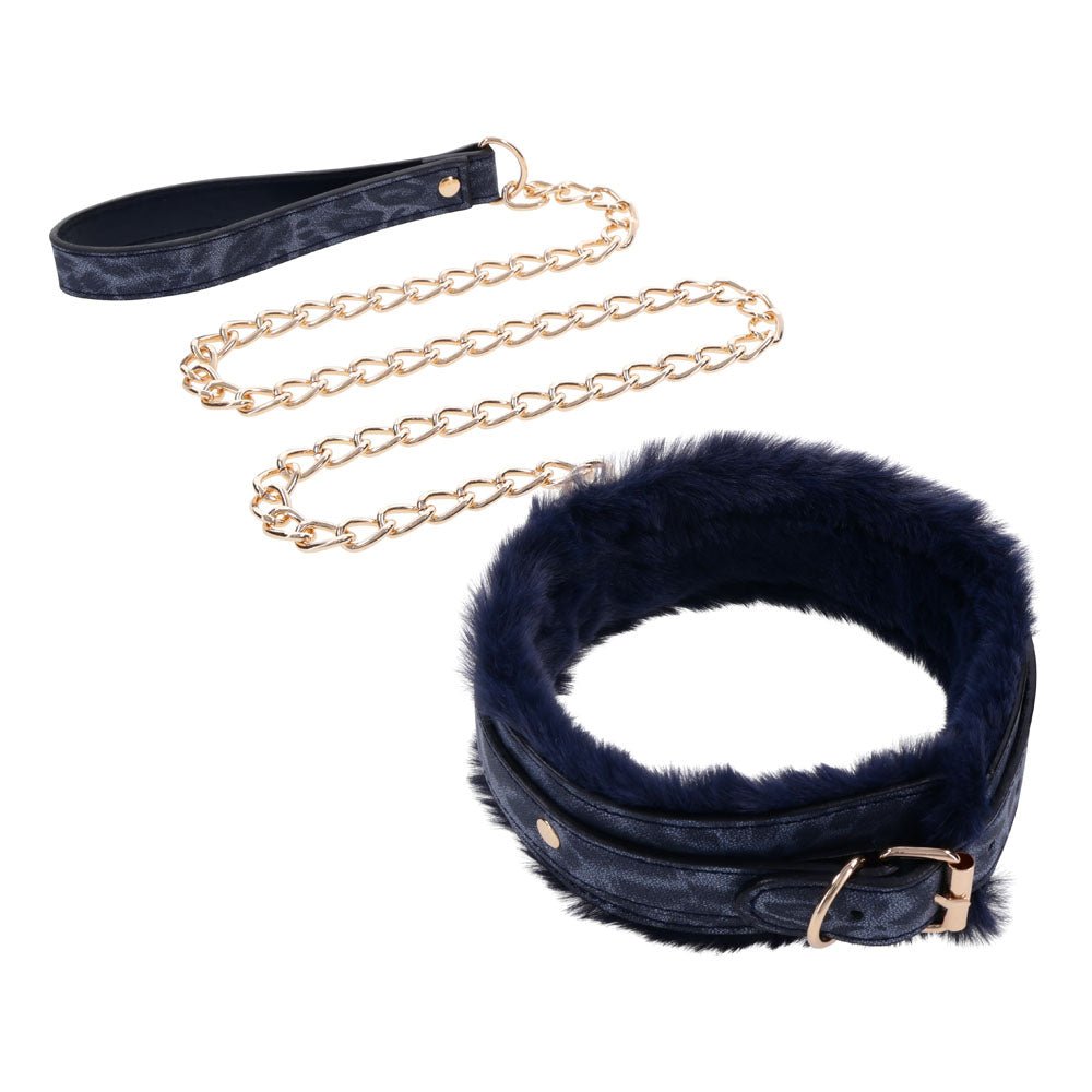 Sex & Mischief Cougar Fur Collar & Leash - Navy Blue/Gold Furry Restraint - BONDAGE - TOYS - Mr and Mrs D's