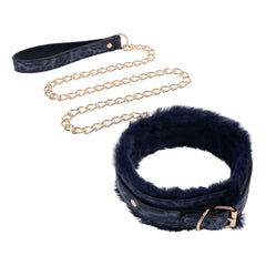 Sex & Mischief Cougar Fur Collar & Leash - Navy Blue/Gold Furry Restraint - BONDAGE - TOYS - Mr and Mrs D's