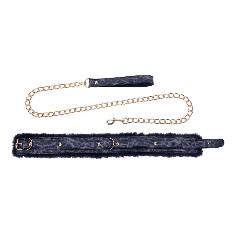 Sex & Mischief Cougar Fur Collar & Leash - Navy Blue/Gold Furry Restraint - BONDAGE - TOYS - Mr and Mrs D's
