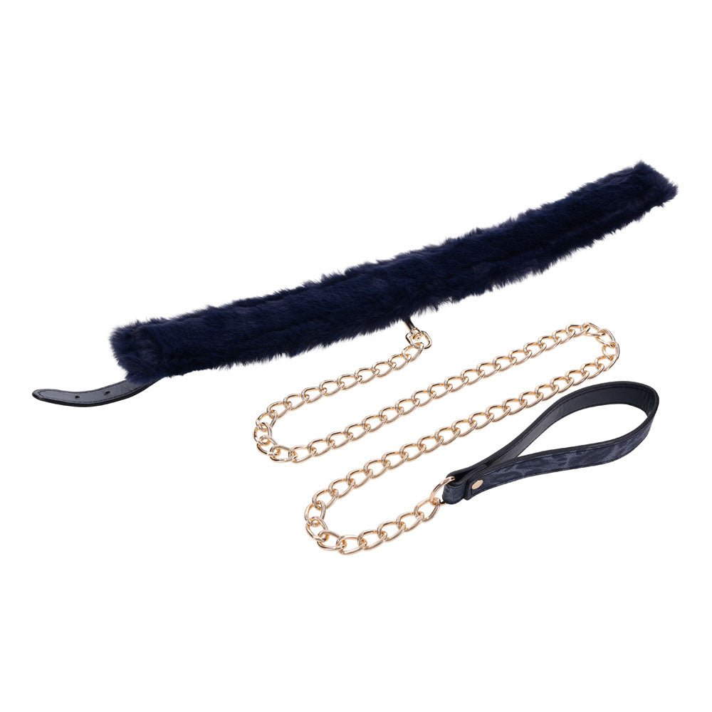 Sex & Mischief Cougar Fur Collar & Leash - Navy Blue/Gold Furry Restraint - BONDAGE - TOYS - Mr and Mrs D's